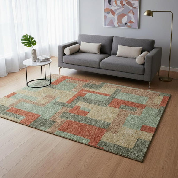 HomeRoots 5' X 8' Modern Sage Orange Beige Geometric Area Rug - Washable, UV Protected, Stain Resistant Design 675728