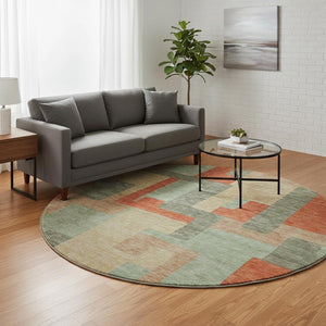 HomeRoots 8' Sage, Orange & Beige Geometric Washable Round Rug with UV Protection for High-Traffic Spaces 675729