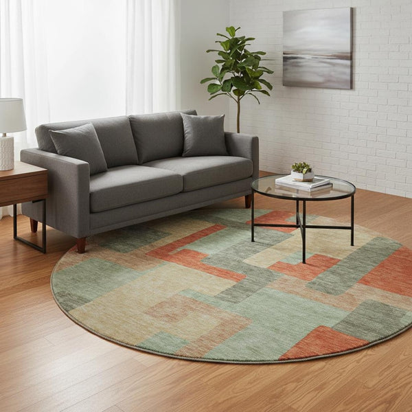 HomeRoots 8' Sage, Orange & Beige Geometric Washable Round Rug with UV Protection for High-Traffic Spaces 675729