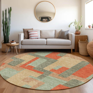 HomeRoots 8' Sage, Orange & Beige Geometric Washable Round Rug with UV Protection for High-Traffic Spaces 675729