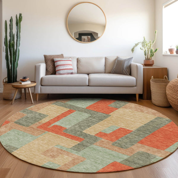HomeRoots 8' Sage, Orange & Beige Geometric Washable Round Rug with UV Protection for High-Traffic Spaces 675729