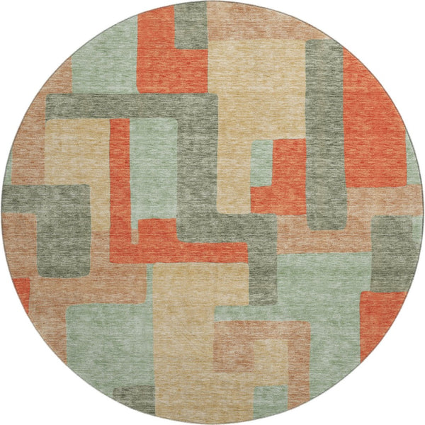 HomeRoots 8' Sage, Orange & Beige Geometric Washable Round Rug with UV Protection for High-Traffic Spaces 675729