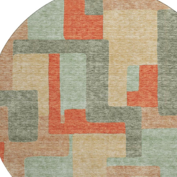 HomeRoots 8' Sage, Orange & Beige Geometric Washable Round Rug with UV Protection for High-Traffic Spaces 675729