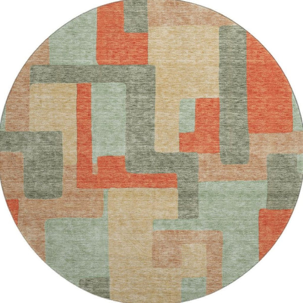 HomeRoots 8' Sage, Orange & Beige Geometric Washable Round Rug with UV Protection for High-Traffic Spaces 675729