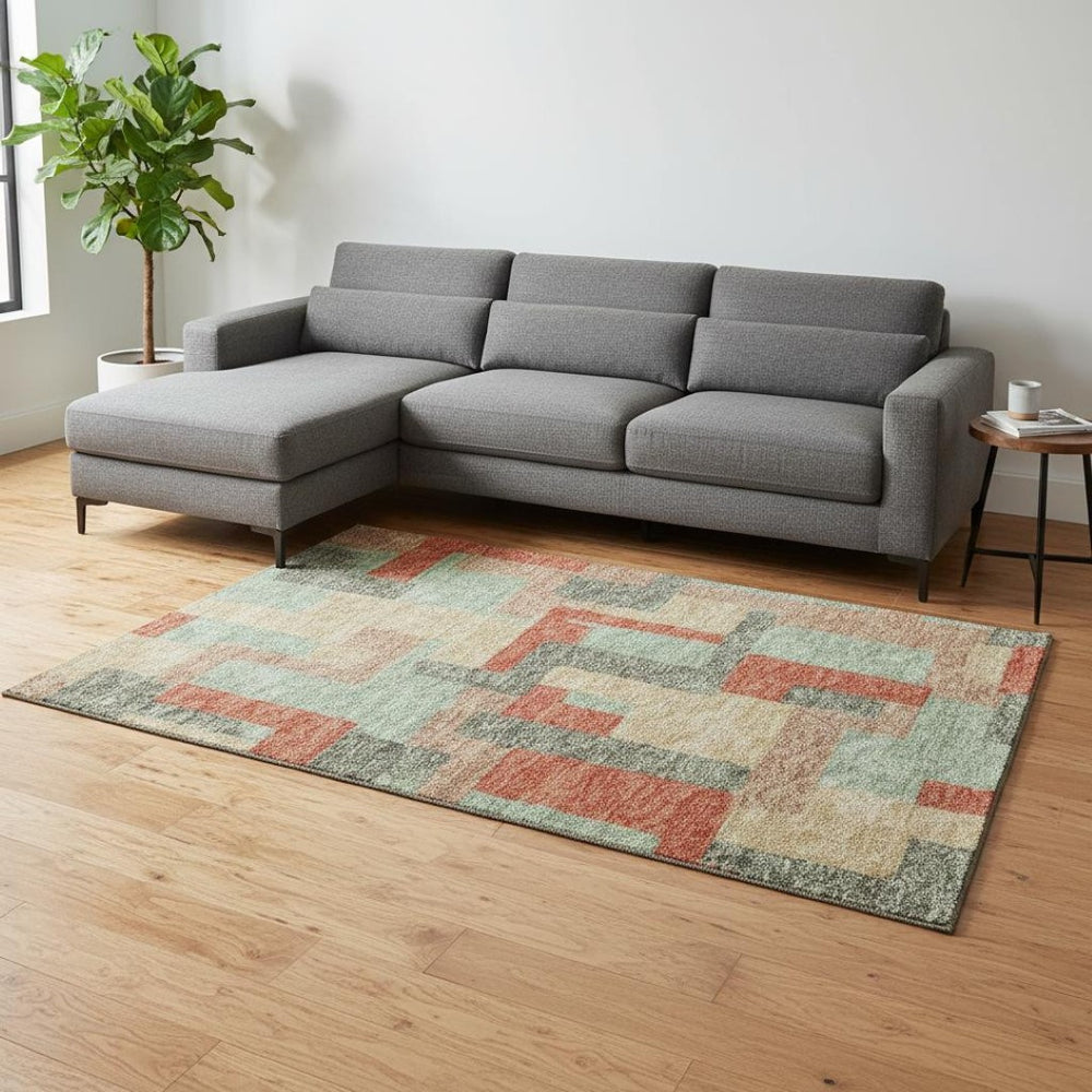 HomeRoots 8' X 10' Stylish Sage Orange Beige Geometric Washable Area Rug with UV Protection for Any Room 675730