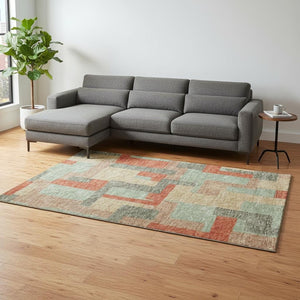 HomeRoots 9' X 12' Stylish Sage Orange Beige Geometric Area Rug – Washable, UV Protected, Non-Slip Backing 675731