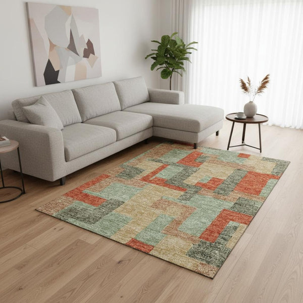 HomeRoots 10' Geometric Area Rug in Sage, Orange & Beige - Washable, UV Protected, Family Friendly & Stylish! 675732