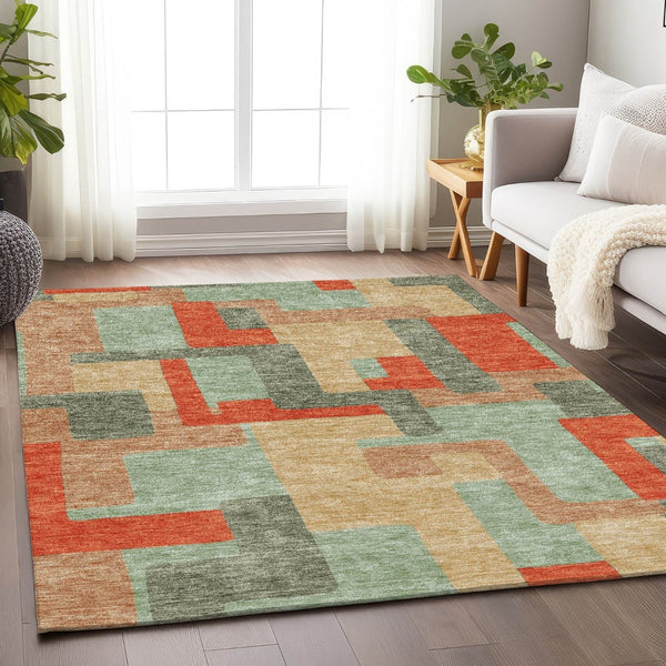 HomeRoots 10' Geometric Area Rug in Sage, Orange & Beige - Washable, UV Protected, Family Friendly & Stylish! 675732