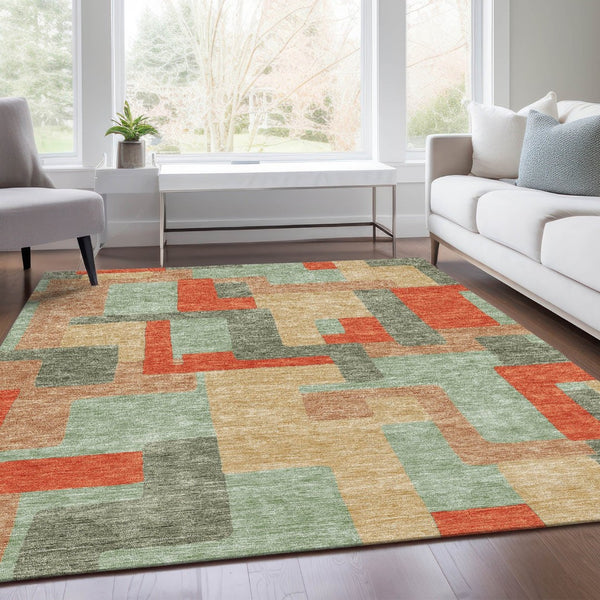 HomeRoots 10' Geometric Area Rug in Sage, Orange & Beige - Washable, UV Protected, Family Friendly & Stylish! 675732