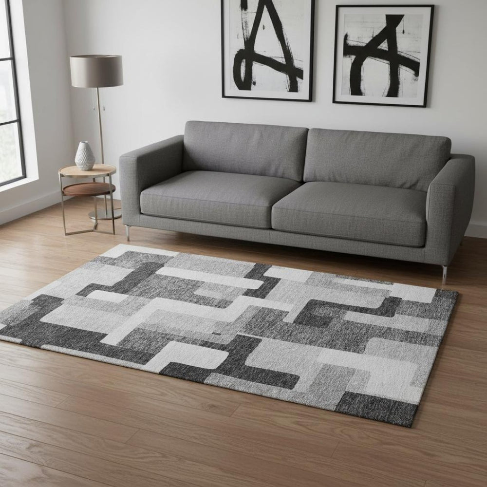 HomeRoots 5' X 8' Stylish Silver and Gray Geometric Washable Area Rug with UV Protection for High-Traffic Spaces 675734