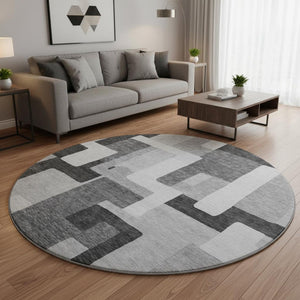 HomeRoots 8' Stylish Silver and Gray Geometric Round Rug with UV Protection, Stain Resistance & Easy Care 675735
