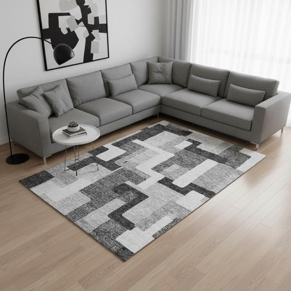 HomeRoots 9' X 12' Silver and Gray Geometric Area Rug – Durable, Washable, UV-Protected for Busy Homes! 675737