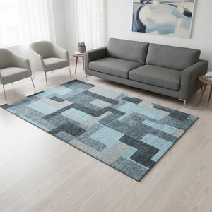 HomeRoots 5' X 8' Sky Blue and Gray Geometric Area Rug - Washable, Durable, UV Protected for Modern Spaces 675740