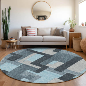 HomeRoots 8' Sky Blue and Gray Geometric Washable Round Rug - Durable, Stain-Resistant, UV Protected Design 675741