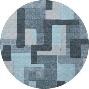 HomeRoots 8' Sky Blue and Gray Geometric Washable Round Rug - Durable, Stain-Resistant, UV Protected Design 675741