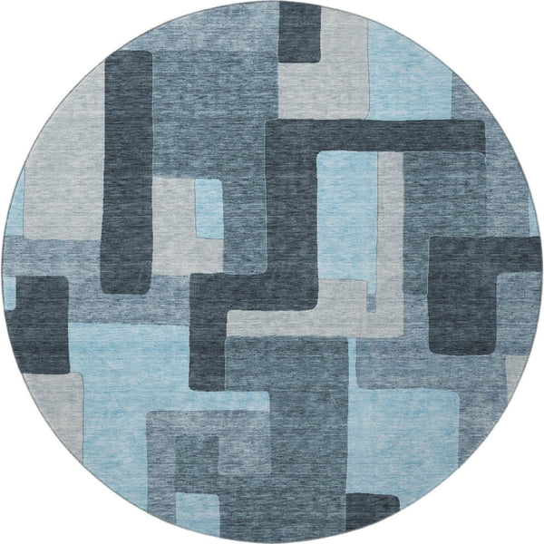 HomeRoots 8' Sky Blue and Gray Geometric Washable Round Rug - Durable, Stain-Resistant, UV Protected Design 675741