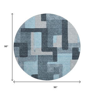 HomeRoots 8' Sky Blue and Gray Geometric Washable Round Rug - Durable, Stain-Resistant, UV Protected Design 675741