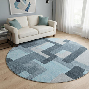 HomeRoots 8' Sky Blue and Gray Geometric Washable Round Rug - Durable, Stain-Resistant, UV Protected Design 675741