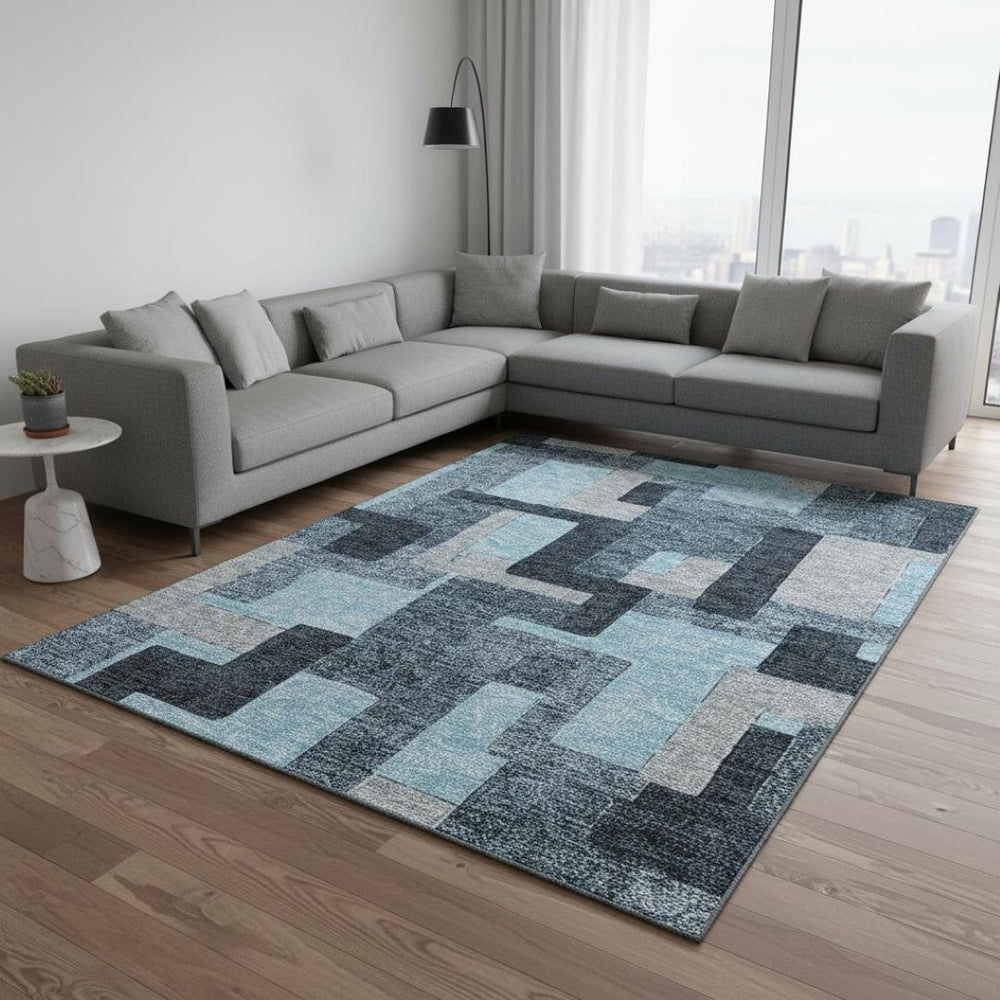 HomeRoots 9' X 12' Sky Blue and Gray Geometric Area Rug - Stylish, Washable, UV-Protected for Busy Homes 675743