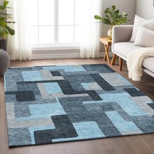 HomeRoots 9' X 12' Sky Blue and Gray Geometric Area Rug - Stylish, Washable, UV-Protected for Busy Homes 675743