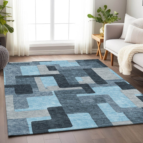 HomeRoots 9' X 12' Sky Blue and Gray Geometric Area Rug - Stylish, Washable, UV-Protected for Busy Homes 675743