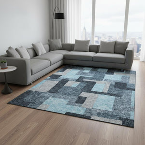 HomeRoots 10' X 14' Sky Blue & Gray Geometric Area Rug - Washable, UV Protected, Perfect for High-Traffic Spaces 675744