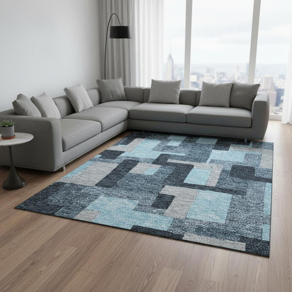 HomeRoots 10' X 14' Sky Blue & Gray Geometric Area Rug - Washable, UV Protected, Perfect for High-Traffic Spaces 675744