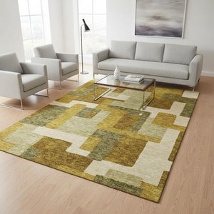 HomeRoots 5' X 8' Washable Wheat Ivory & Gold Geometric Area Rug with UV Protection for Stylish Living Spaces 675746