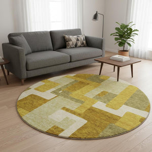 HomeRoots 8' Wheat Ivory and Gold Geometric Round Rug - Stylish, Washable, UV-Protected for Family Spaces 675747