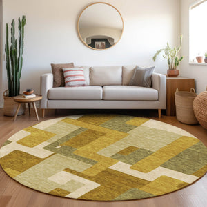 HomeRoots 8' Wheat Ivory and Gold Geometric Round Rug - Stylish, Washable, UV-Protected for Family Spaces 675747