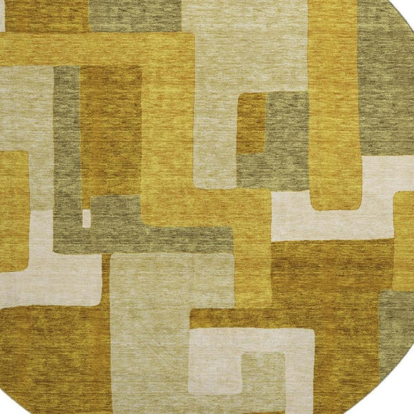 HomeRoots 8' Wheat Ivory and Gold Geometric Round Rug - Stylish, Washable, UV-Protected for Family Spaces 675747