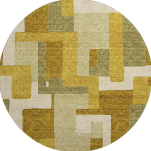 HomeRoots 8' Wheat Ivory and Gold Geometric Round Rug - Stylish, Washable, UV-Protected for Family Spaces 675747