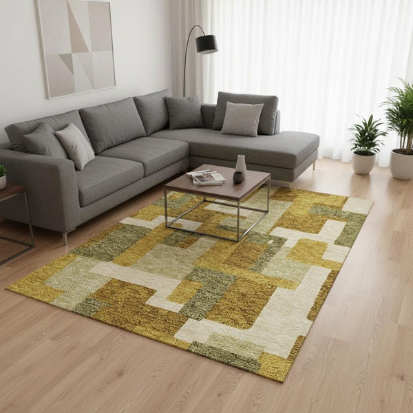 HomeRoots 8' X 10' Stylish Wheat Ivory & Gold Geometric Washable Area Rug with UV Protection for Modern Homes 675748