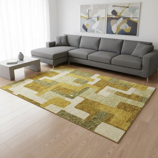 HomeRoots 9' X 12' Washable Geometric Area Rug in Wheat Ivory & Gold - UV Protected, Stain-Resistant Design 675749