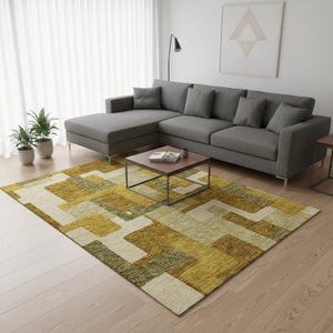 HomeRoots 10' X 14' Wheat Ivory Gold Geometric Area Rug - Washable, UV-Resistant, Stain-Proof & Modern Design! 675750