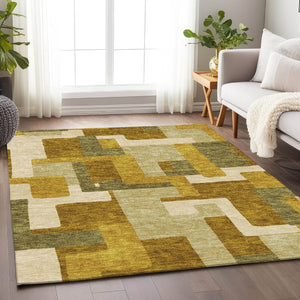 HomeRoots 10' X 14' Wheat Ivory Gold Geometric Area Rug - Washable, UV-Resistant, Stain-Proof & Modern Design! 675750