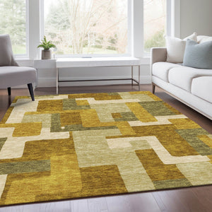HomeRoots 10' X 14' Wheat Ivory Gold Geometric Area Rug - Washable, UV-Resistant, Stain-Proof & Modern Design! 675750