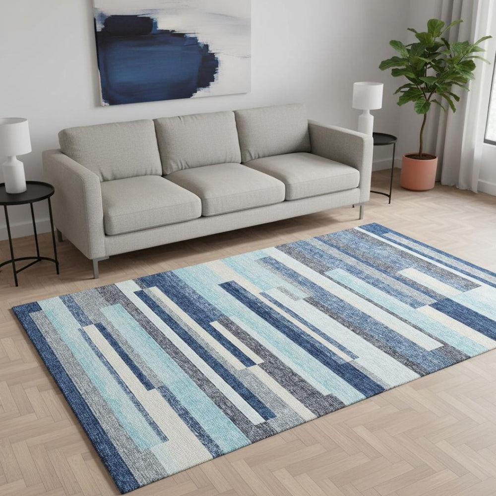 HomeRoots 5' Stylish Blue Ivory and Gray Striped Area Rug – Washable, UV Protected, Family-Friendly Design! 675752