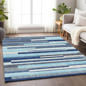 HomeRoots 5' Stylish Blue Ivory and Gray Striped Area Rug – Washable, UV Protected, Family-Friendly Design! 675752