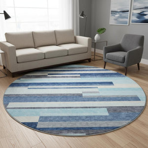 HomeRoots 8' Durable Blue Ivory Gray Striped Washable Round Rug with UV Protection for Family Spaces & Patios 675753