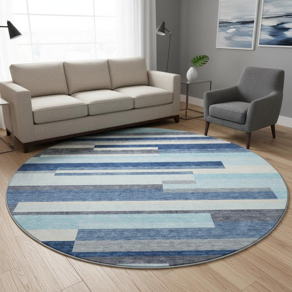 HomeRoots 8' Durable Blue Ivory Gray Striped Washable Round Rug with UV Protection for Family Spaces & Patios 675753