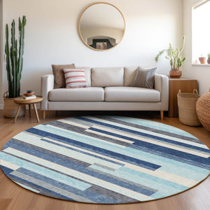 HomeRoots 8' Durable Blue Ivory Gray Striped Washable Round Rug with UV Protection for Family Spaces & Patios 675753