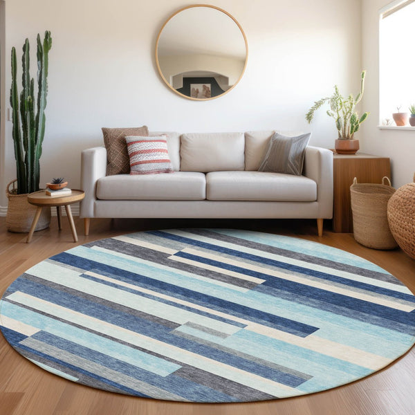 HomeRoots 8' Durable Blue Ivory Gray Striped Washable Round Rug with UV Protection for Family Spaces & Patios 675753