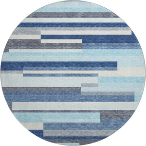 HomeRoots 8' Durable Blue Ivory Gray Striped Washable Round Rug with UV Protection for Family Spaces & Patios 675753