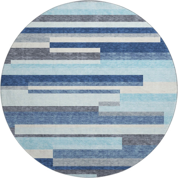HomeRoots 8' Durable Blue Ivory Gray Striped Washable Round Rug with UV Protection for Family Spaces & Patios 675753