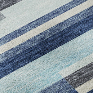HomeRoots 8' Durable Blue Ivory Gray Striped Washable Round Rug with UV Protection for Family Spaces & Patios 675753
