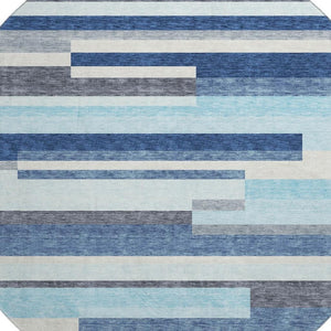 HomeRoots 8' Durable Blue Ivory Gray Striped Washable Round Rug with UV Protection for Family Spaces & Patios 675753