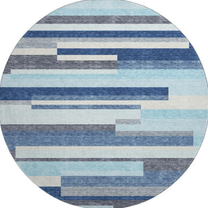 HomeRoots 8' Durable Blue Ivory Gray Striped Washable Round Rug with UV Protection for Family Spaces & Patios 675753