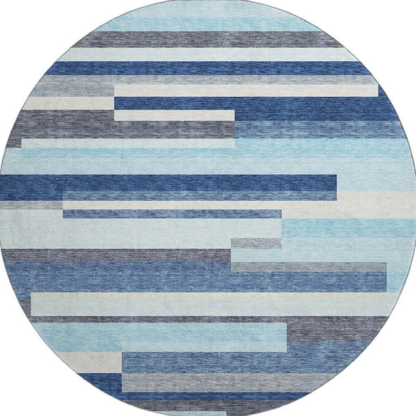 HomeRoots 8' Durable Blue Ivory Gray Striped Washable Round Rug with UV Protection for Family Spaces & Patios 675753