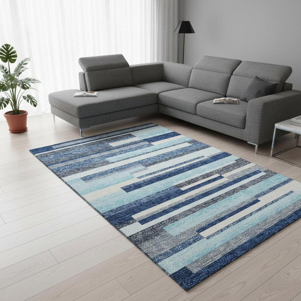 HomeRoots 8' X 10' Striped Washable Area Rug in Blue, Ivory & Gray - UV Protected, Durable & Easy Care! 675754